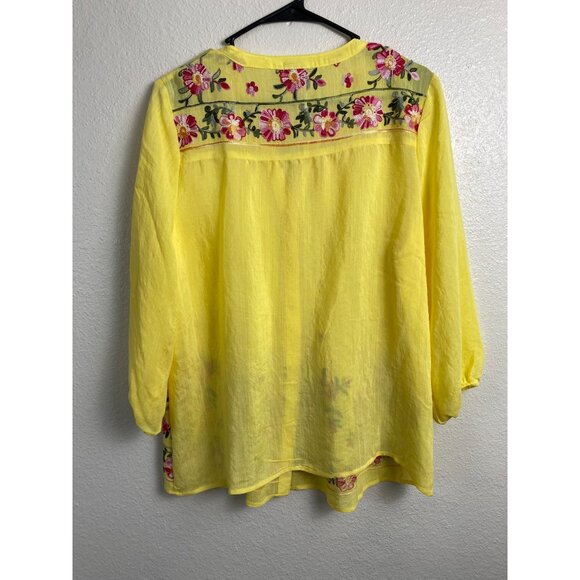 Figueroa‎ & Flowers Women Yellow Flower Long Sleeve Boho Top Size Medium Peasant - Picture 2 of 12
